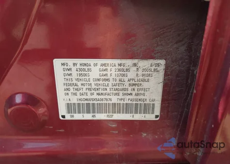 2005 Honda Accord 3.0 Ex z USA, uszkodzony, nr VIN 1HGCM665X5A067876